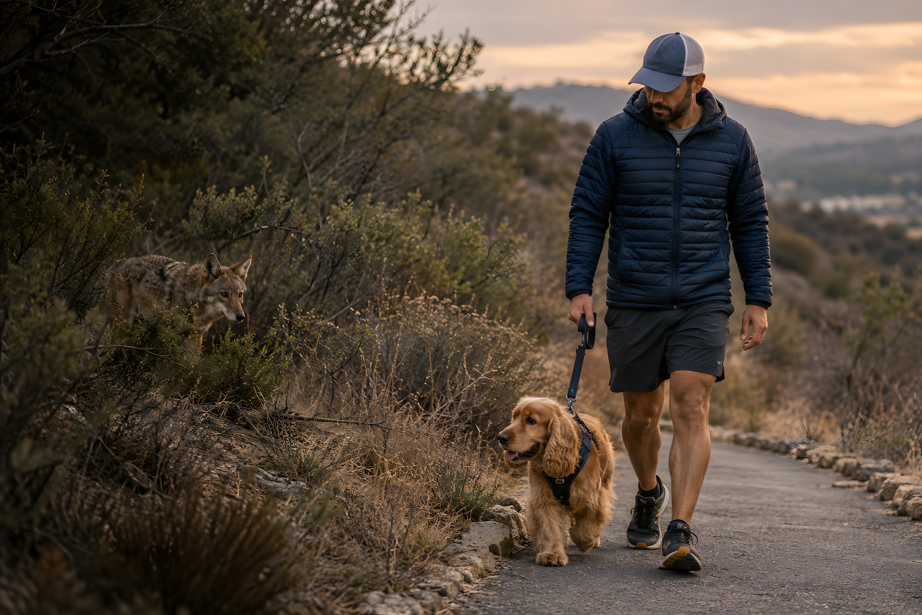A man walking his spaniel on a hillside trail at dusk while a coyote watches from the brush