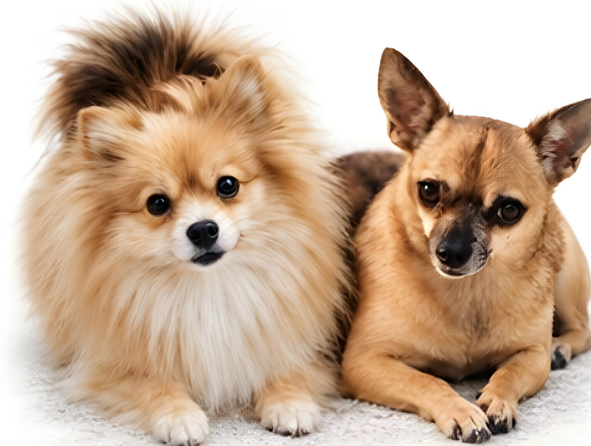 Nellie, a fluffy Pomeranian, and Emma, a small tan dog, lying side by side